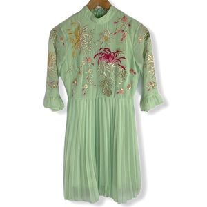 ASOS Green Pink Pleated Embroidered Floral Dress